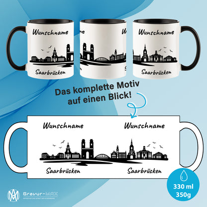 Tasse in Schwarz 330ml bedruckt mit der Skyline von Saarbrücken personalisierbar mit Wunschname