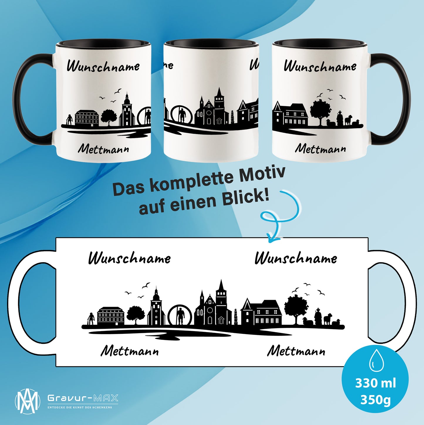 Tasse in Schwarz 330ml bedruckt mit der Skyline von Mettmann personalisierbar mit Wunschname