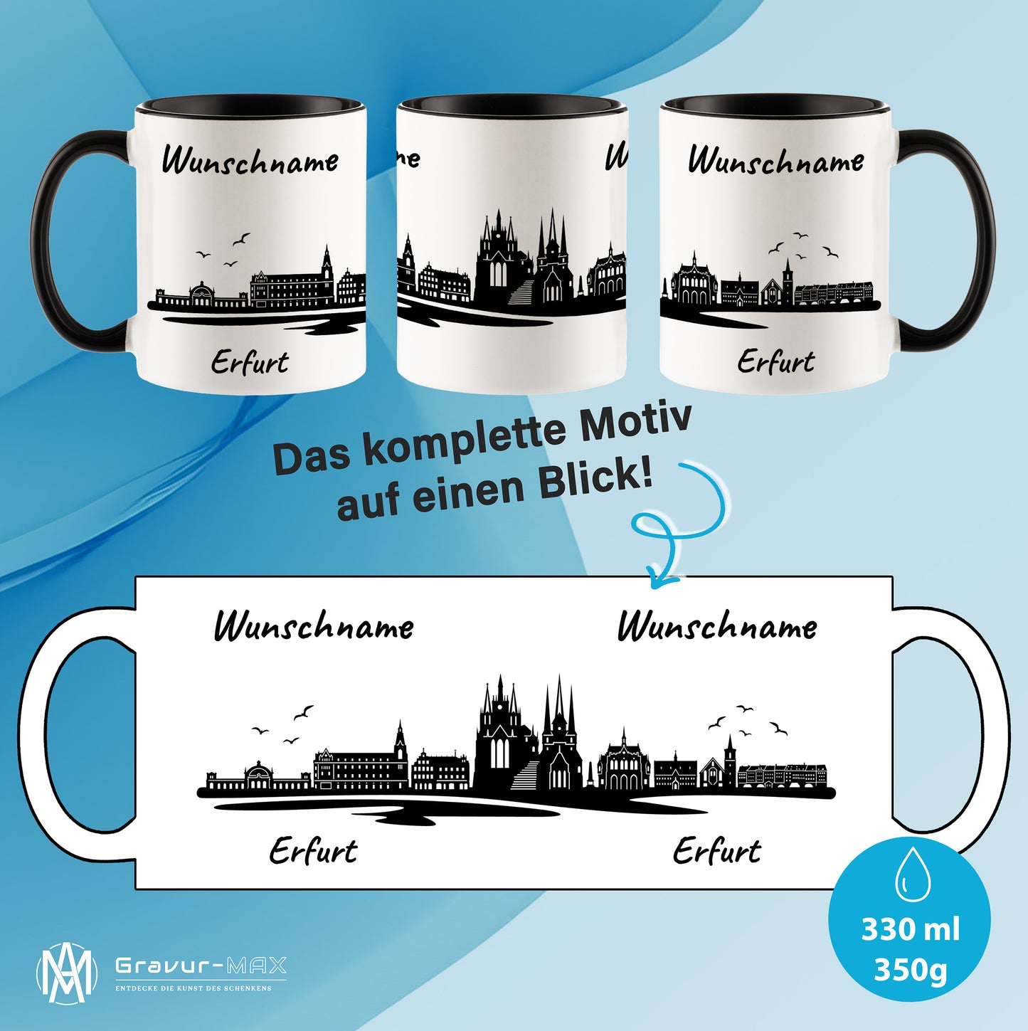 Tasse in Schwarz 330ml bedruckt mit der Skyline von Erfurt personalisierbar mit Wunschname