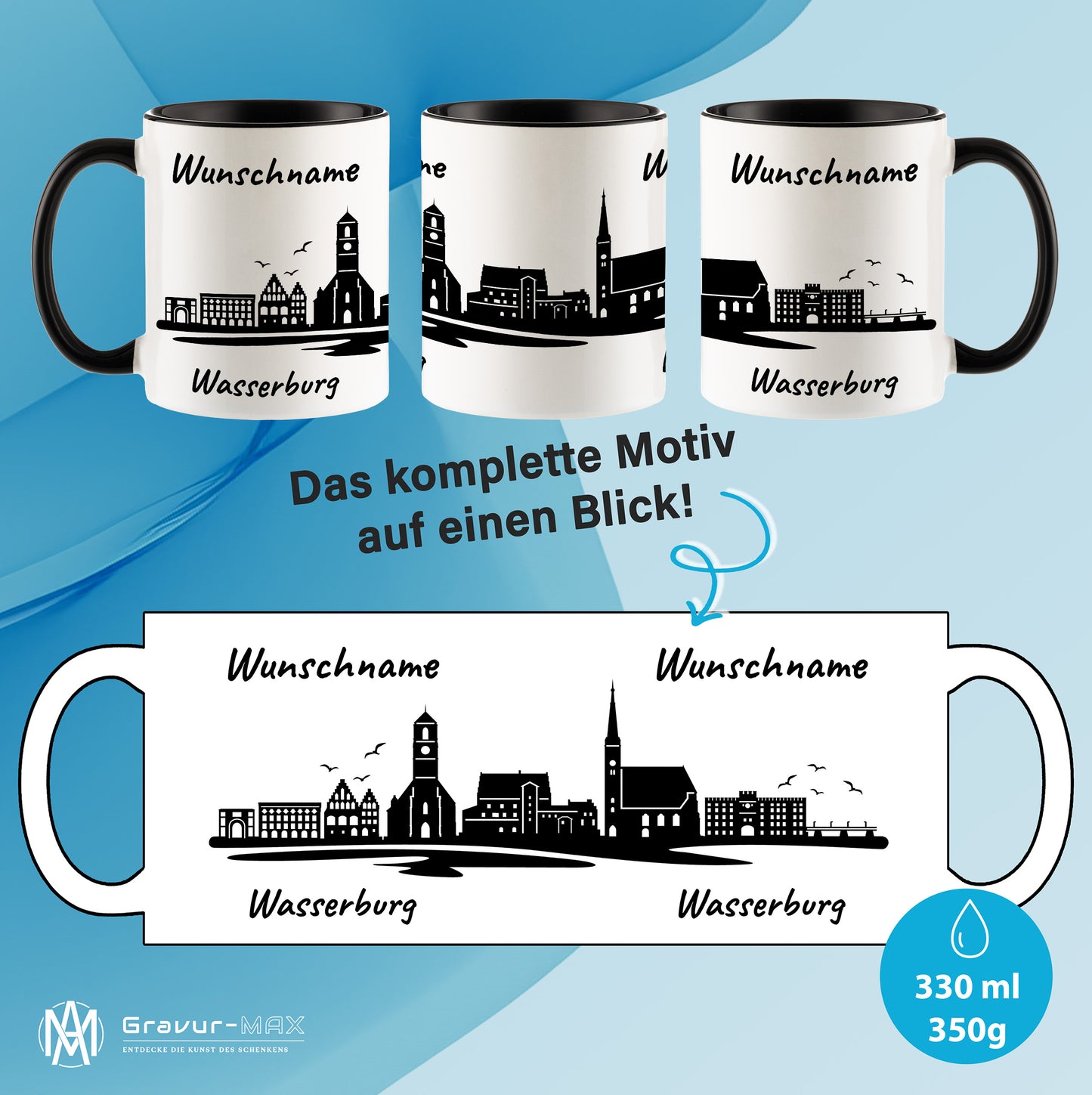Tasse in Schwarz 330ml bedruckt mit der Skyline von Wasserburg personalisierbar mit Wunschname