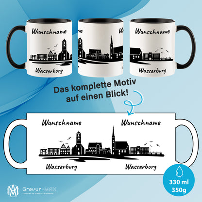 Tasse in Schwarz 330ml bedruckt mit der Skyline von Wasserburg personalisierbar mit Wunschname