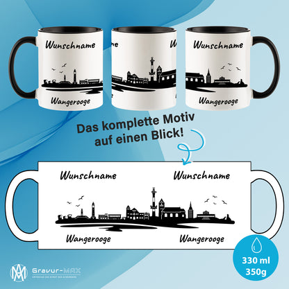 Tasse in Schwarz 330ml bedruckt mit der Skyline von Wangerooge personalisierbar mit Wunschname