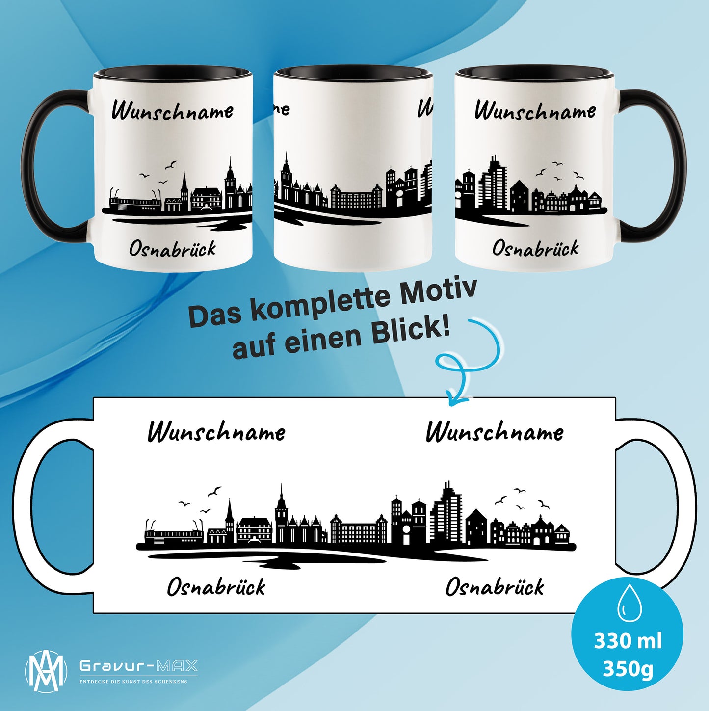 Tasse in Schwarz 330ml bedruckt mit der Skyline von Osnabrück personalisierbar mit Wunschname
