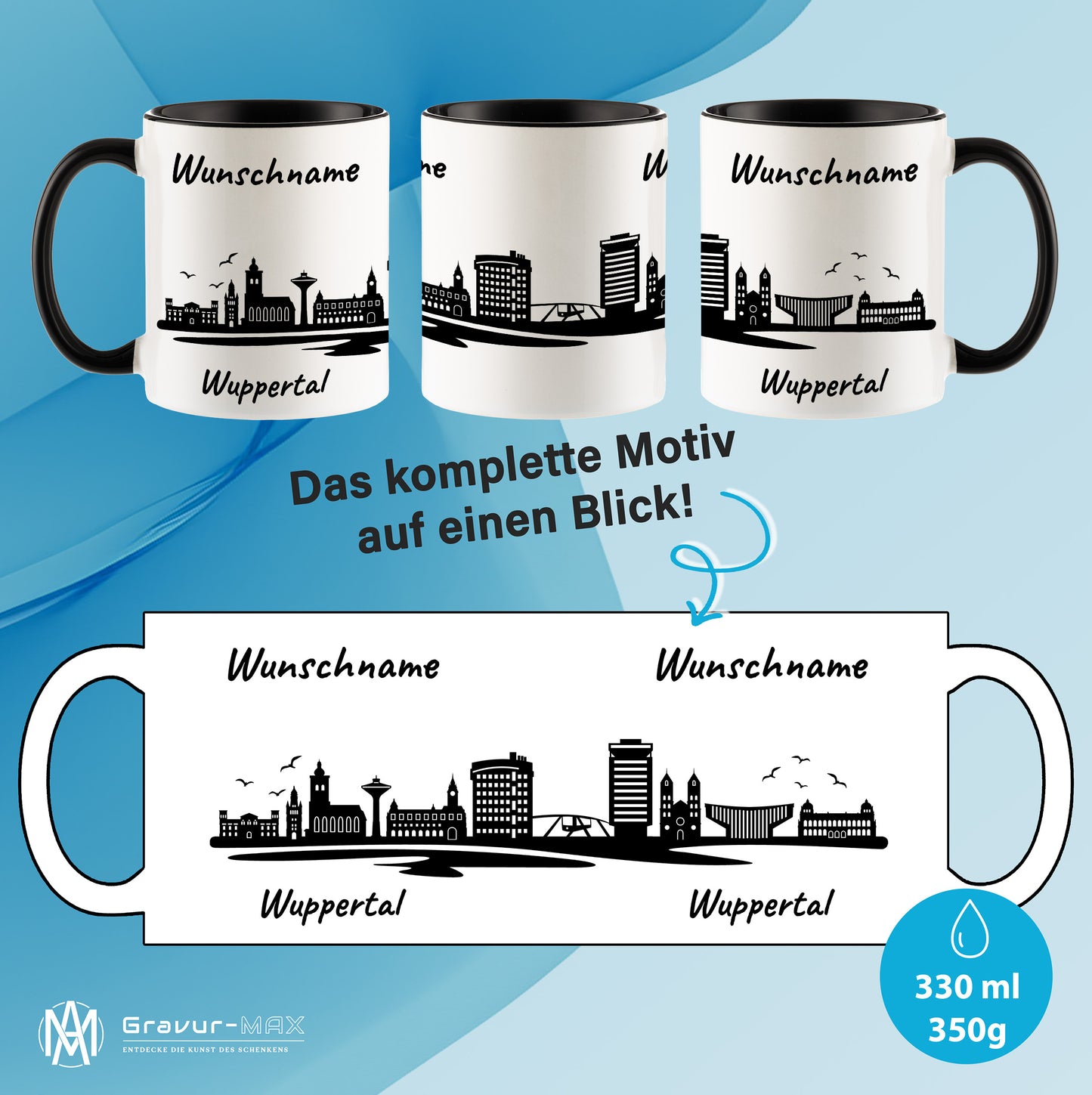 Tasse in Schwarz 330ml bedruckt mit der Skyline von Wuppertal personalisierbar mit Wunschname