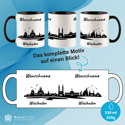 Tasse in Schwarz 330ml bedruckt mit der Skyline von Wiesbaden personalisierbar mit Wunschname