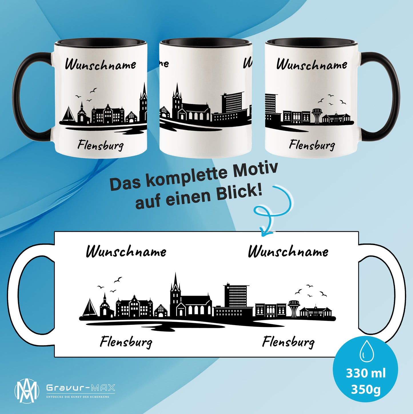 Tasse in Schwarz 330ml bedruckt mit der Skyline von Flensburg personalisierbar mit Wunschname