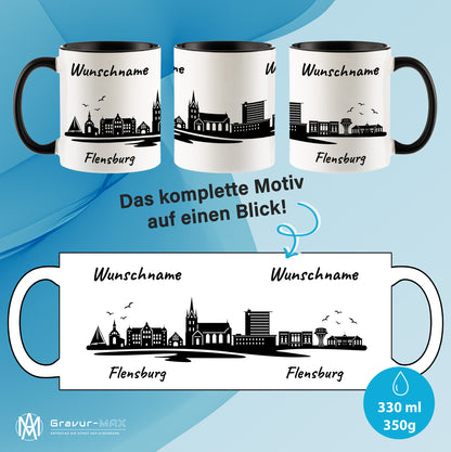 Tasse in Schwarz 330ml bedruckt mit der Skyline von Flensburg personalisierbar mit Wunschname