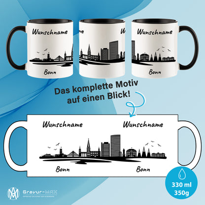 Tasse in Schwarz 330ml bedruckt mit der Skyline von Bonn personalisierbar mit Wunschname