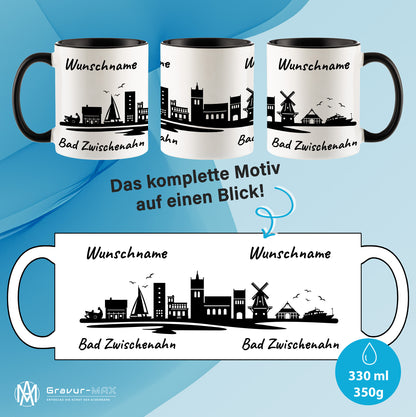 Tasse in Schwarz 330ml bedruckt mit der Skyline von Bad Zwischenahn personalisierbar mit Wunschname