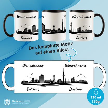 Tasse in Schwarz 330ml bedruckt mit der Skyline von Duisburg personalisierbar mit Wunschname