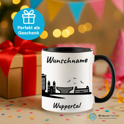 Tasse in Schwarz 330ml bedruckt mit der Skyline von Wuppertal personalisierbar mit Wunschname