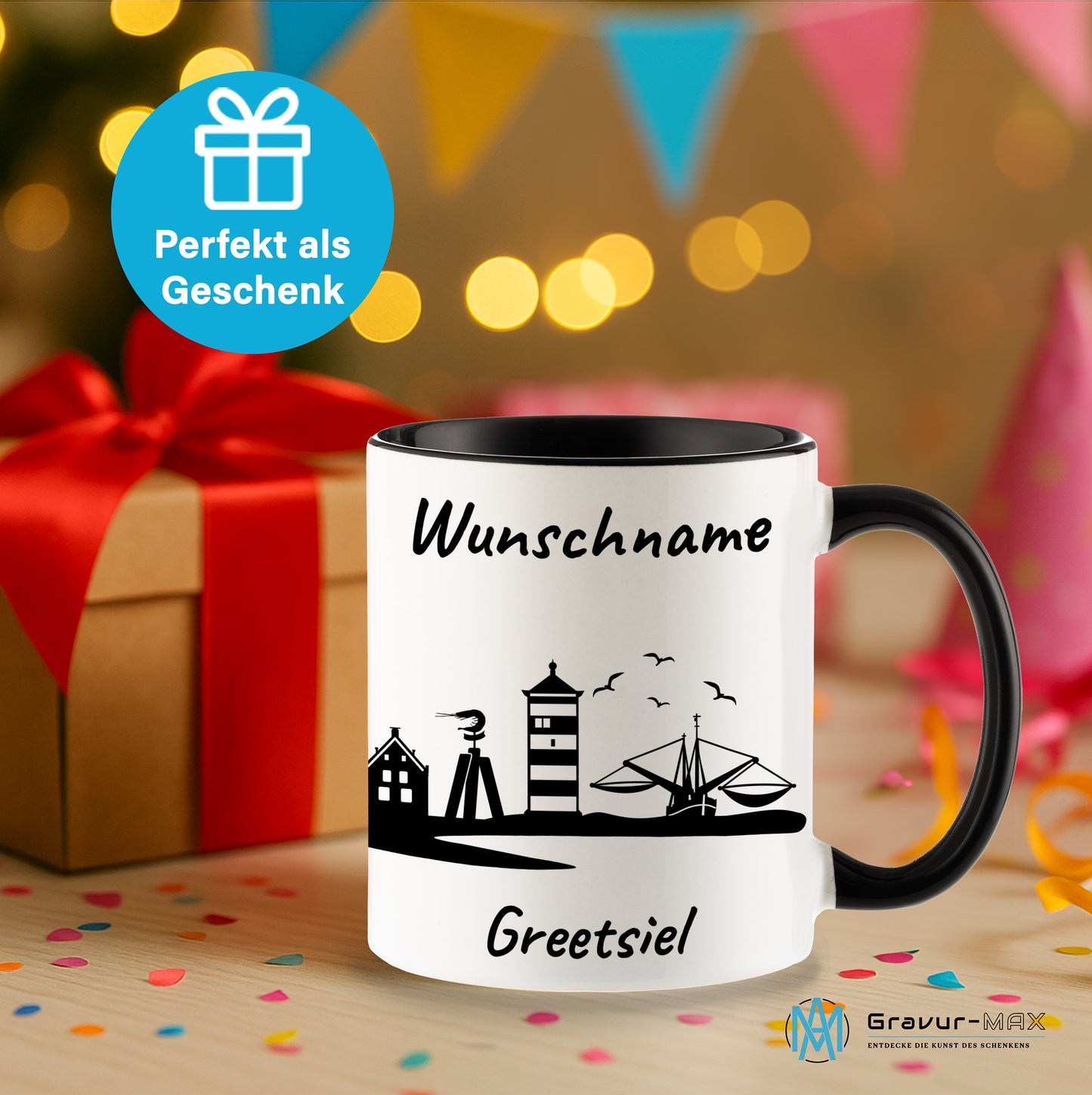 Tasse in Schwarz 330ml bedruckt mit der Skyline von Greetsiel personalisierbar mit Wunschname