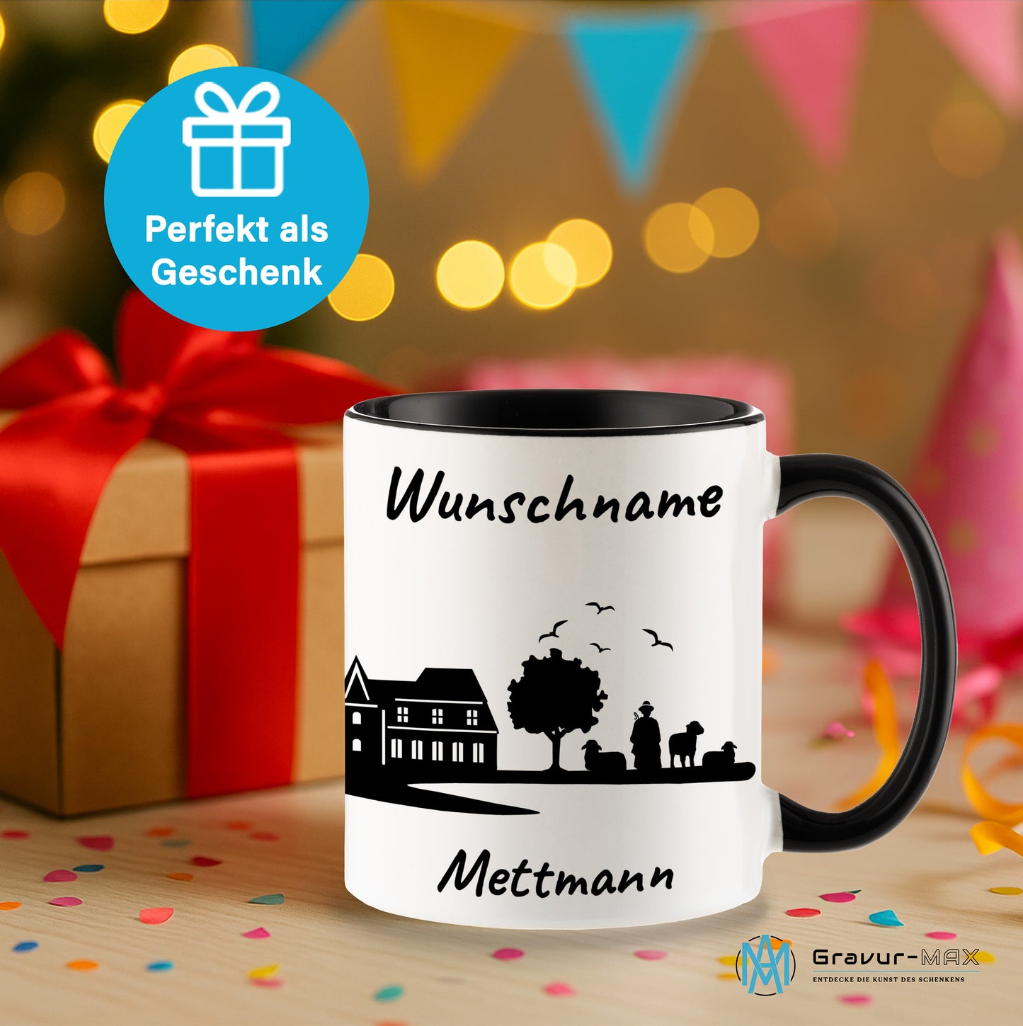 Tasse in Schwarz 330ml bedruckt mit der Skyline von Mettmann personalisierbar mit Wunschname