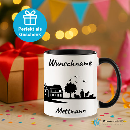 Tasse in Schwarz 330ml bedruckt mit der Skyline von Mettmann personalisierbar mit Wunschname