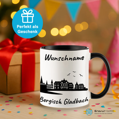 Tasse in Schwarz 330ml bedruckt mit der Skyline von Bergisch Gladbach personalisierbar mit Wunschname