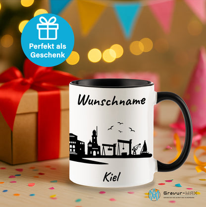 Tasse in Schwarz 330ml bedruckt mit der Skyline von Kiel personalisierbar mit Wunschname