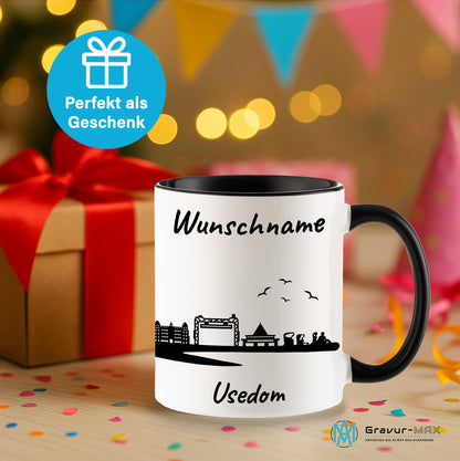 Tasse in Schwarz 330ml bedruckt mit der Skyline von Usedom personalisierbar mit Wunschname