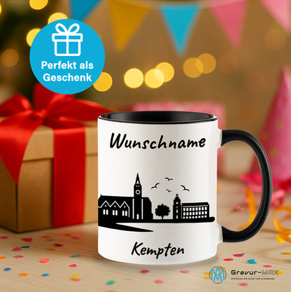 Tasse in Schwarz 330ml bedruckt mit der Skyline von Kempten personalisierbar mit Wunschname