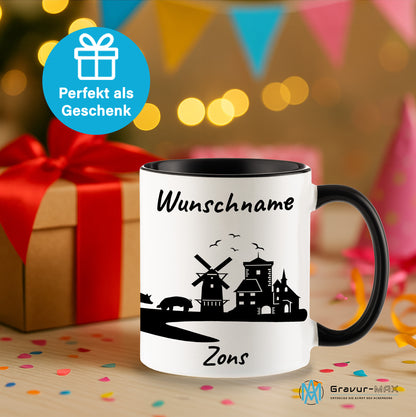 Tasse in Schwarz 330ml bedruckt mit der Skyline von Zons (Dormagen) personalisierbar mit Wunschname