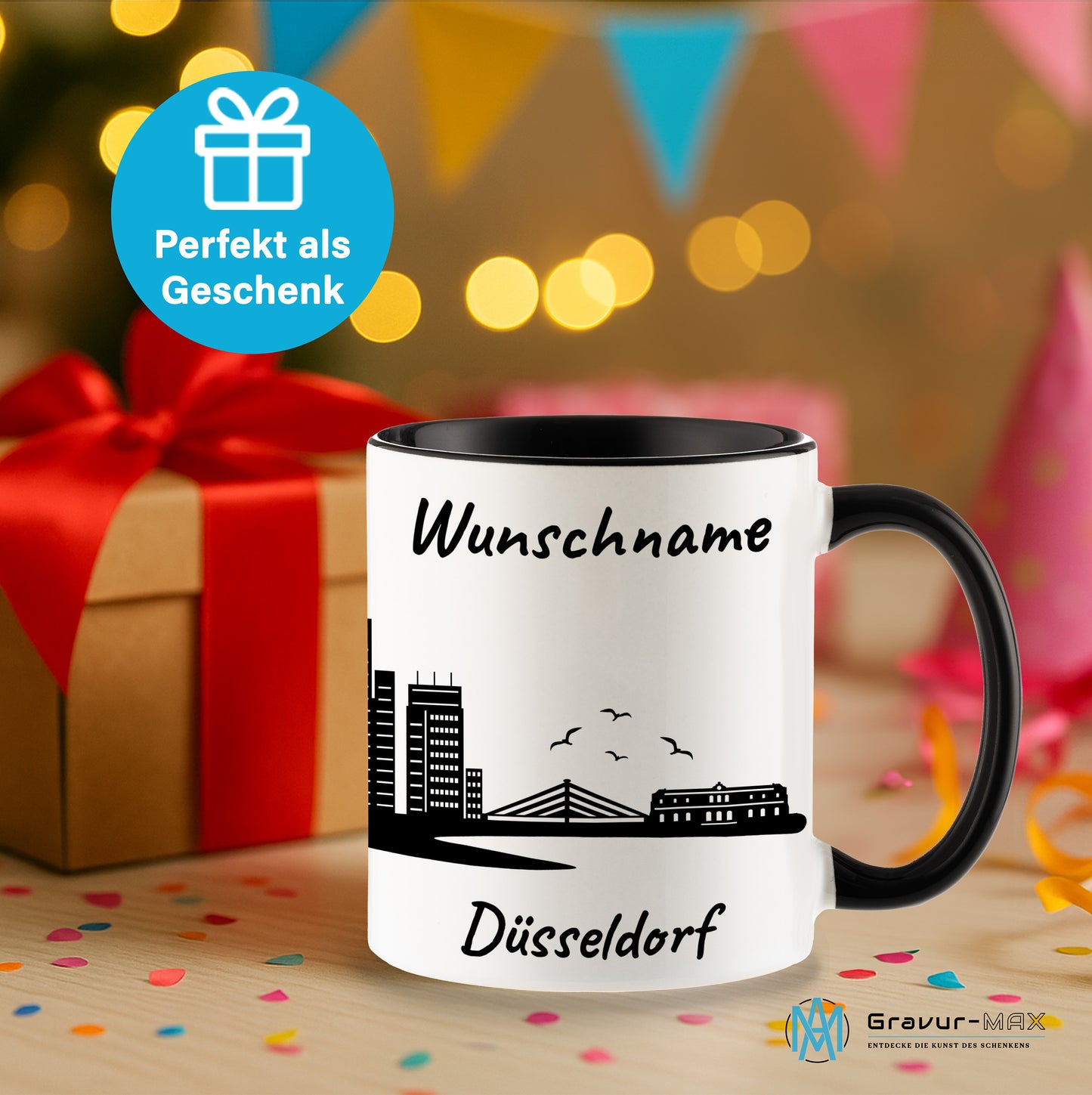 Tasse in Schwarz 330ml bedruckt mit der Skyline von Düsseldorf personalisierbar mit Wunschname