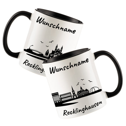 Tasse in Schwarz 330ml bedruckt mit der Skyline von Recklinghausen personalisierbar mit Wunschname