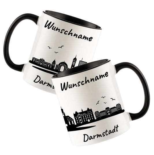 Tasse in Schwarz 330ml bedruckt mit der Skyline von Darmstadt personalisierbar mit Wunschname