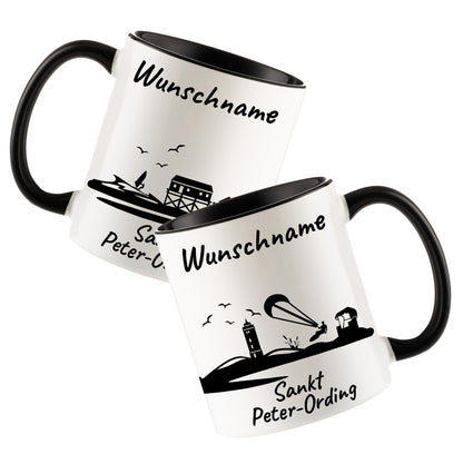 Tasse in Schwarz 330ml bedruckt mit der Skyline von Sankt Peter-Ording personalisierbar mit Wunschname