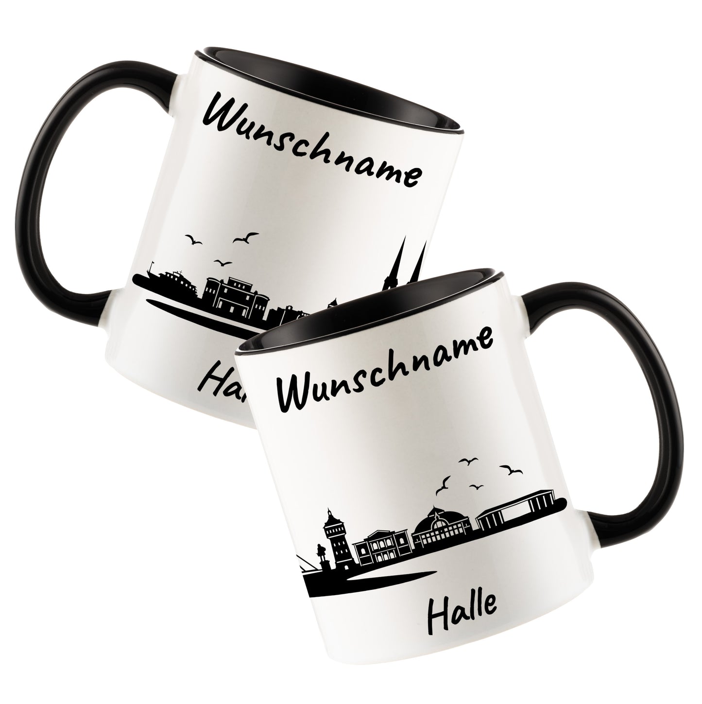 Tasse in Schwarz 330ml bedruckt mit der Skyline von Halle personalisierbar mit Wunschname