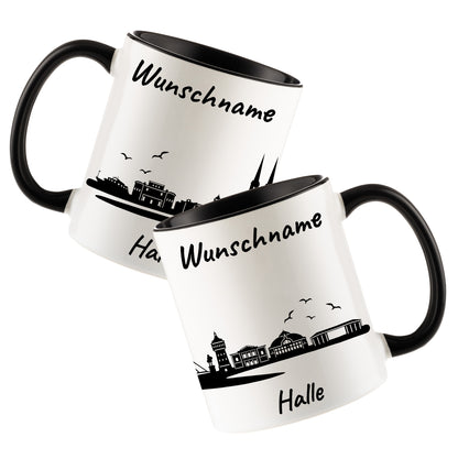 Tasse in Schwarz 330ml bedruckt mit der Skyline von Halle personalisierbar mit Wunschname