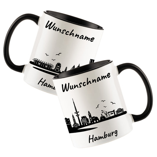 Tasse in Schwarz 330ml bedruckt mit der Skyline von Hamburg personalisierbar mit Wunschname