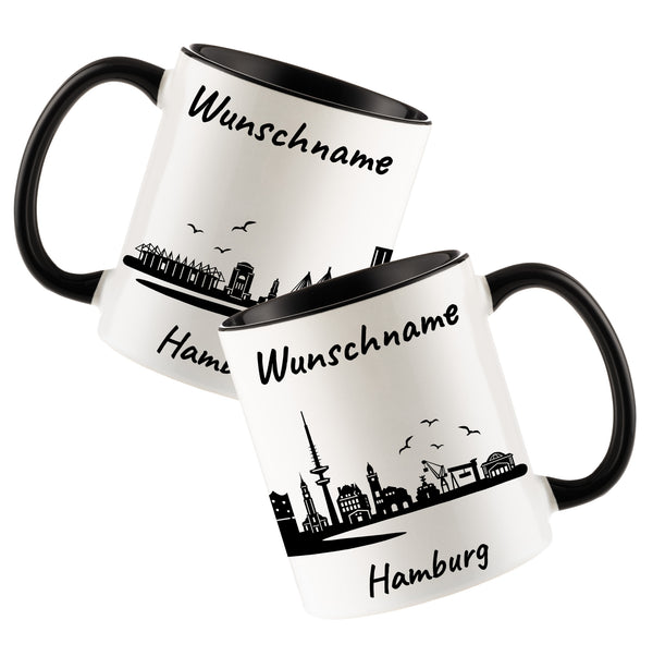 Tasse in Schwarz 330ml bedruckt mit der Skyline von Hamburg personalisierbar mit Wunschname