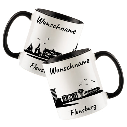 Tasse in Schwarz 330ml bedruckt mit der Skyline von Flensburg personalisierbar mit Wunschname