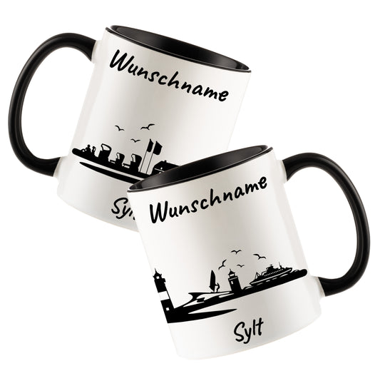 Tasse in Schwarz 330ml bedruckt mit der Skyline von Sylt personalisierbar mit Wunschname