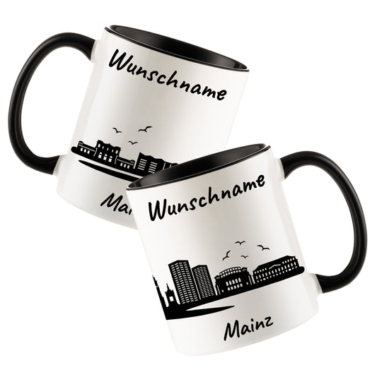 Tasse in Schwarz 330ml bedruckt mit der Skyline von Mainz personalisierbar mit Wunschname
