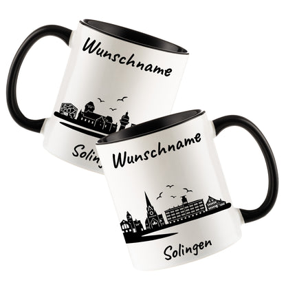 Tasse in Schwarz 330ml bedruckt mit der Skyline von Solingen personalisierbar mit Wunschname