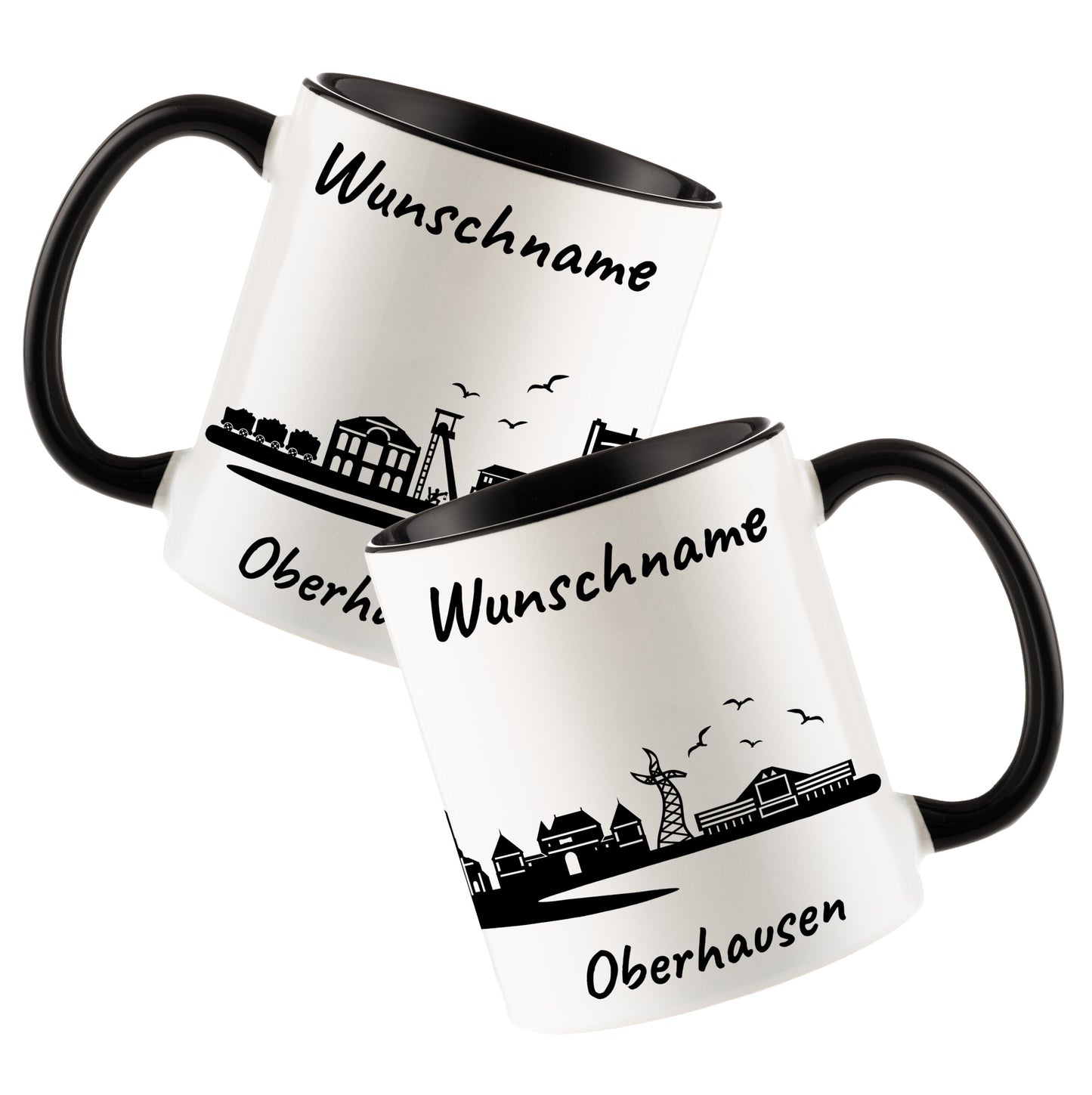 Tasse in Schwarz 330ml bedruckt mit der Skyline von Oberhausen personalisierbar mit Wunschname