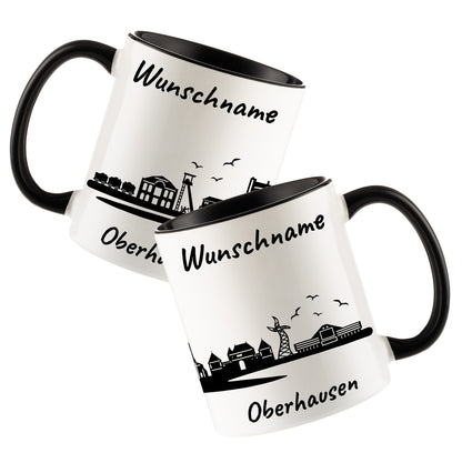 Tasse in Schwarz 330ml bedruckt mit der Skyline von Oberhausen personalisierbar mit Wunschname