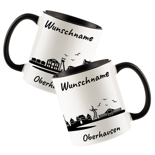 Tasse in Schwarz 330ml bedruckt mit der Skyline von Oberhausen personalisierbar mit Wunschname