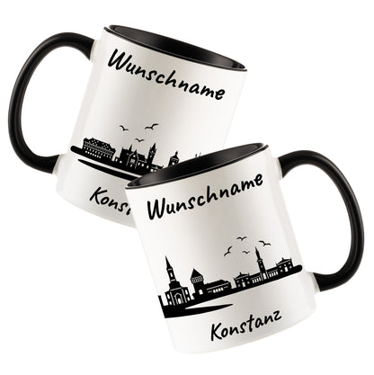Tasse in Schwarz 330ml bedruckt mit der Skyline von Konstanz personalisierbar mit Wunschname