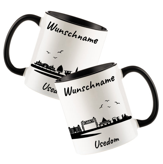 Tasse in Schwarz 330ml bedruckt mit der Skyline von Usedom personalisierbar mit Wunschname