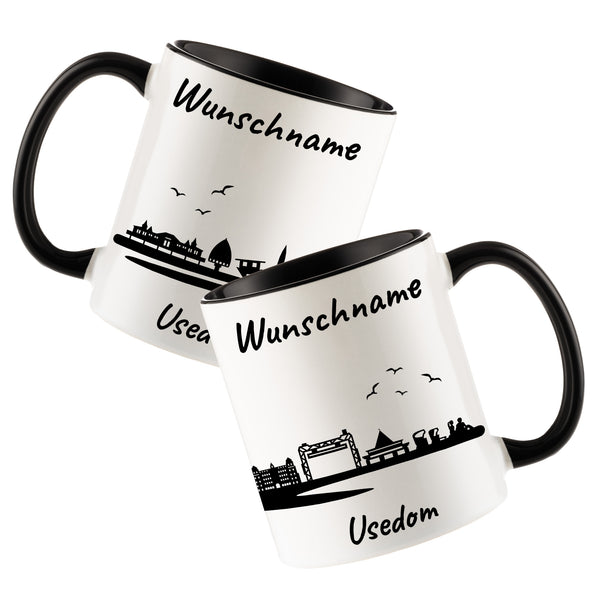 Tasse in Schwarz 330ml bedruckt mit der Skyline von Usedom personalisierbar mit Wunschname