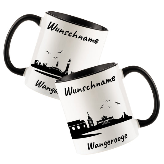 Tasse in Schwarz 330ml bedruckt mit der Skyline von Wangerooge personalisierbar mit Wunschname