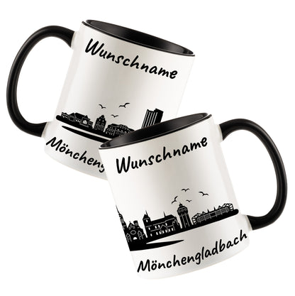 Tasse in Schwarz 330ml bedruckt mit der Skyline von Mönchengladbach personalisierbar mit Wunschname