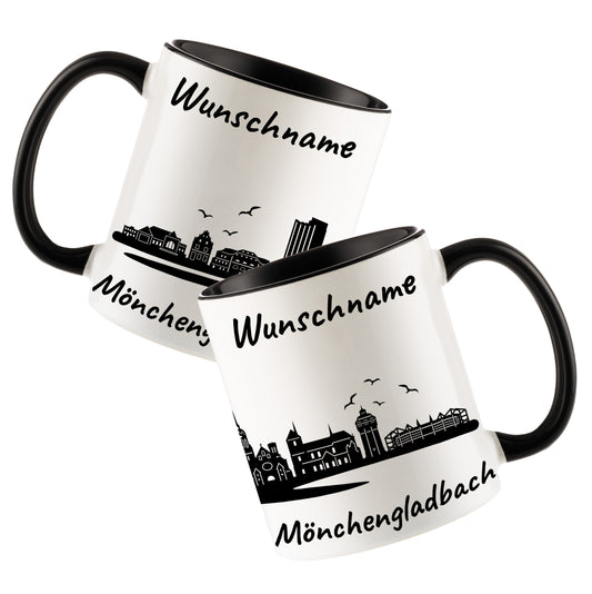 Tasse in Schwarz 330ml bedruckt mit der Skyline von Mönchengladbach personalisierbar mit Wunschname