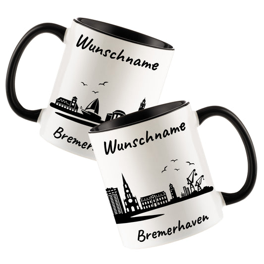 Tasse in Schwarz 330ml bedruckt mit der Skyline von Bremerhaven personalisierbar mit Wunschname