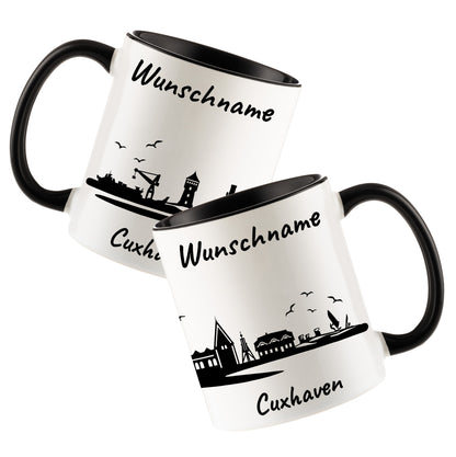 Tasse in Schwarz 330ml bedruckt mit der Skyline von Cuxhaven personalisierbar mit Wunschname