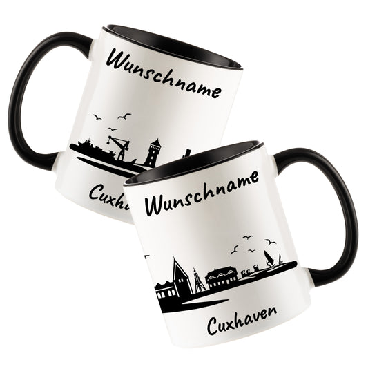 Tasse in Schwarz 330ml bedruckt mit der Skyline von Cuxhaven personalisierbar mit Wunschname