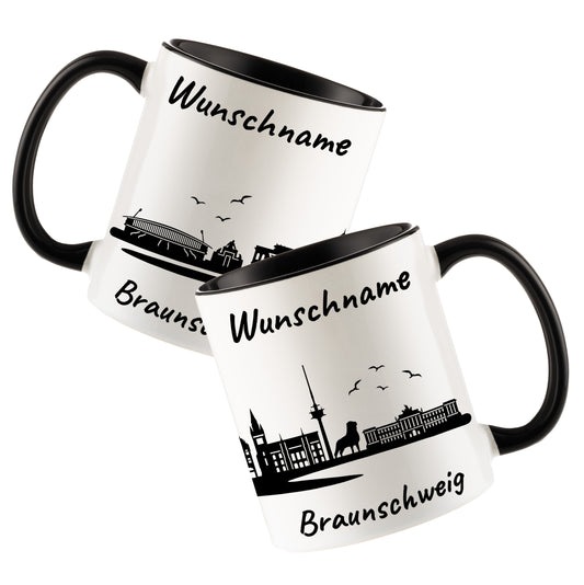 Tasse in Schwarz 330ml bedruckt mit der Skyline von Braunschweig personalisierbar mit Wunschname