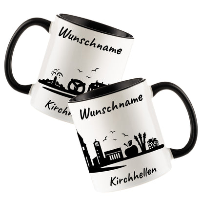 Tasse in Schwarz 330ml bedruckt mit der Skyline von Kirchhellen personalisierbar mit Wunschname