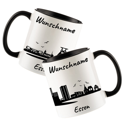 Tasse in Schwarz 330ml bedruckt mit der Skyline von Essen personalisierbar mit Wunschname